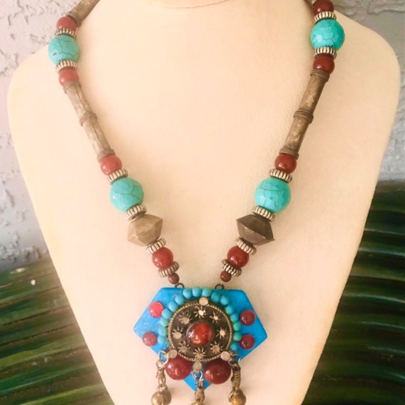 Handmade NECKLACE TURQ HOWLITE/CARNELIAN STONE UNIQUE VINTAGE AFGHAN Silver - Picture 4 of 16